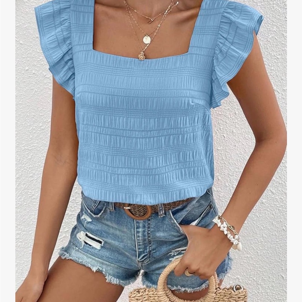 Blue Ruffled Square Neck Top